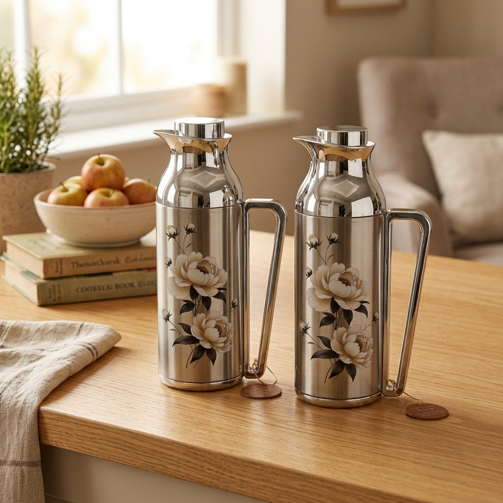 Mahra Stainless Steel Vacuum Flask Set 1L + 1L – Floral Edition (Set of 2)