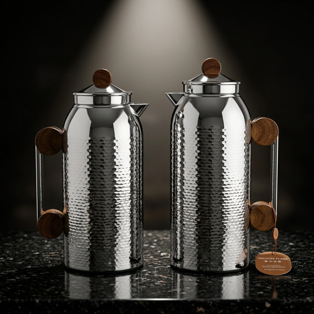 Mahra Vacuum Flask Set, 2 × 1 Litre, Silver with Wood-Finish Accents