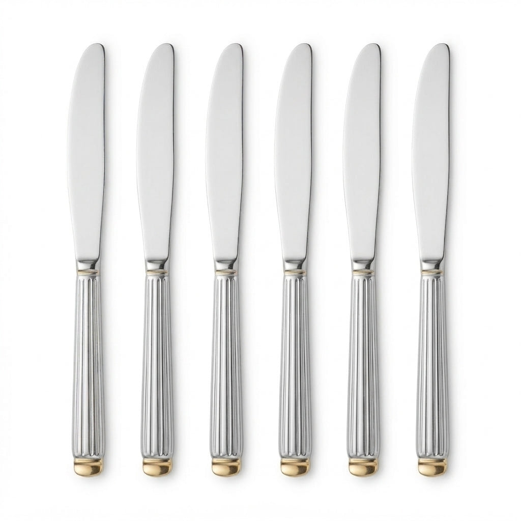 Stainless Steel Dinner Knife Set of 6 – 23cm Silver & Gold Accent