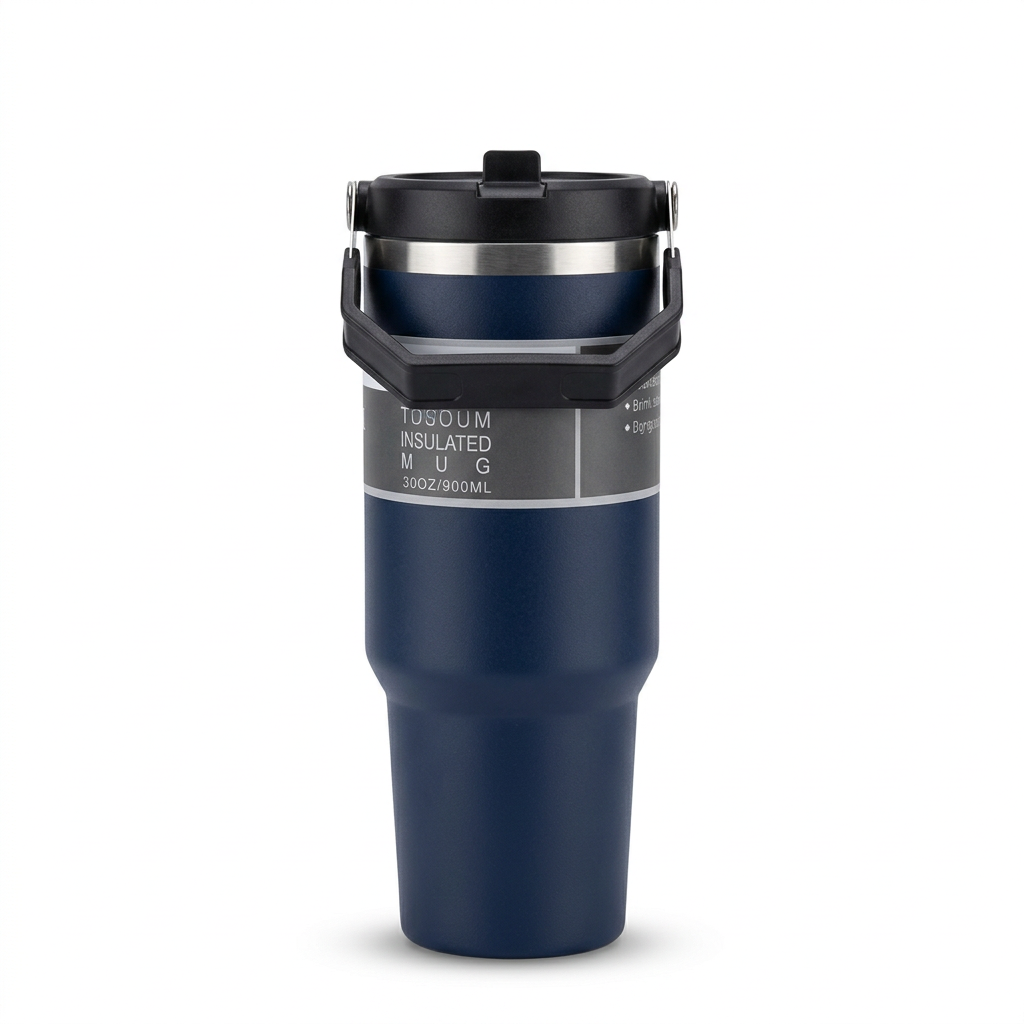 Stainless Steel Travel Bottle with Carry Handle, 900 ml – Navy Blue