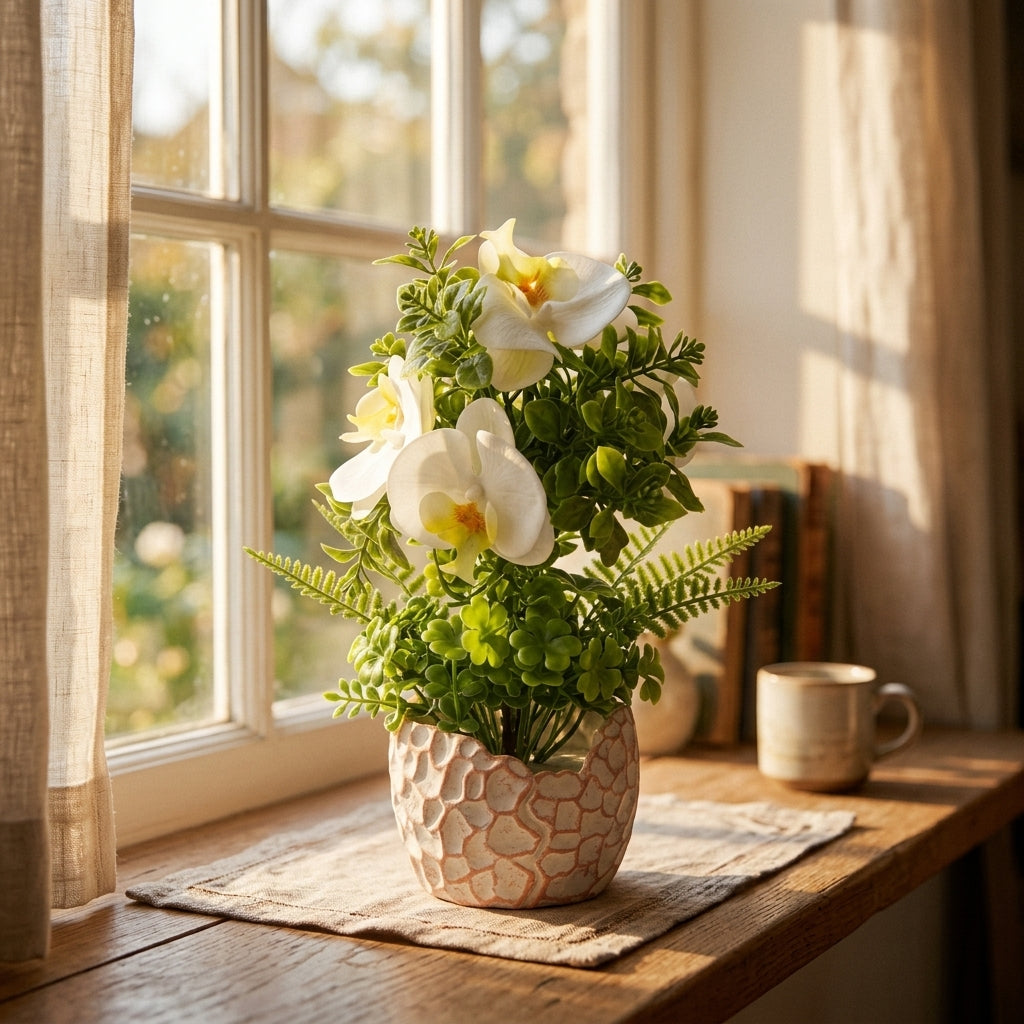 Artificial White Orchid Flower with Textured Chalk Pot - 30 cm