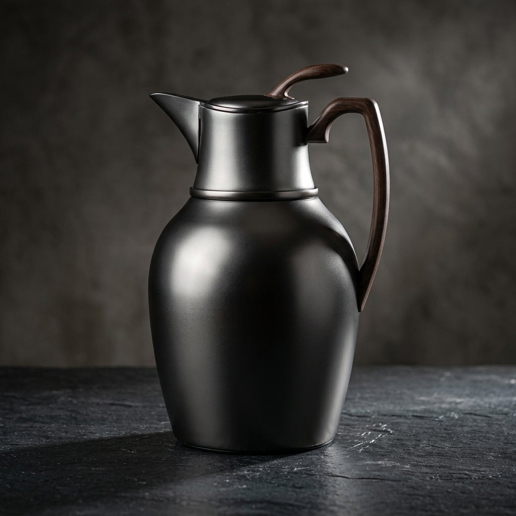 Mydot Vacuum Flask 1 Litre – Matt Black Nickel with Dark Wood Finish