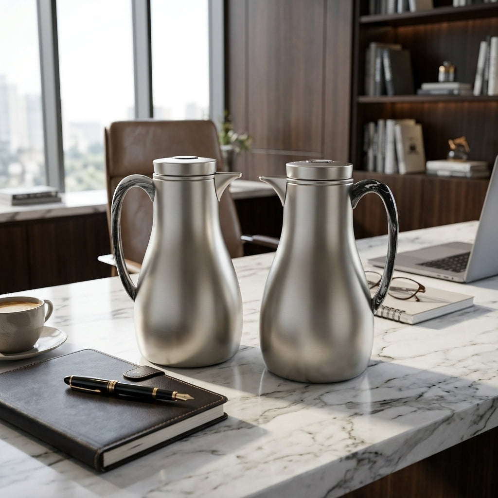 Athba Vacuum Flask Set 1+1 Litre – Matte Nickel with Marble-Effect Handles, 2 Pieces