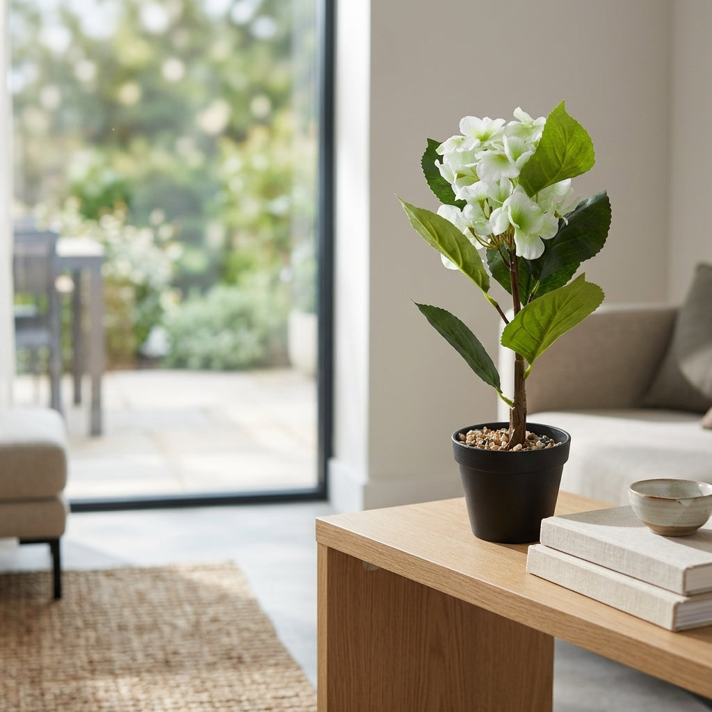 White & Green Artificial Flower Plant with Black Plastic Pot - 45 cm