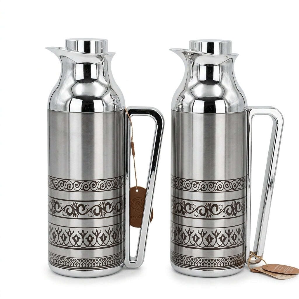 Mahra Stainless Steel Vacuum Flask Set of 2 – 1L – Arabic Engraved Thermal Carafe with Handle