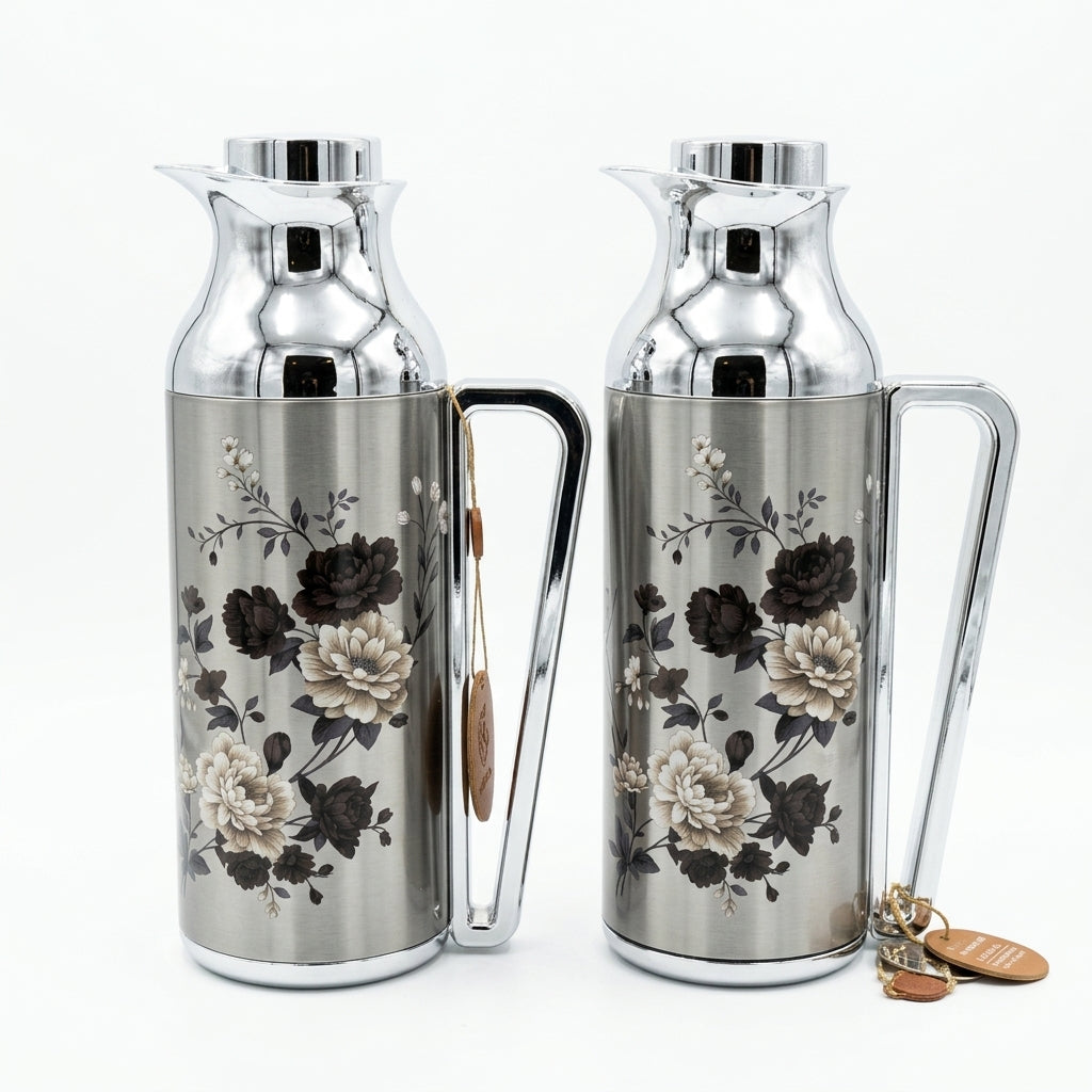Mahra Stainless Steel Vacuum Flask 1L + 1L Set – Floral Edition (Set of 2)