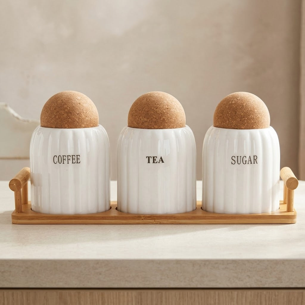 3-Piece White Ribbed Ceramic Coffee, Tea & Sugar Jar Set with Lids and Tray – 500 ml Each