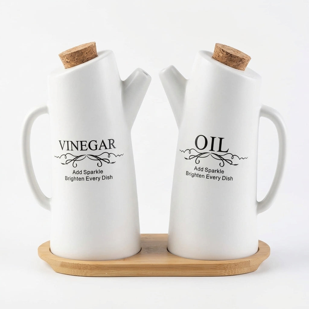Ceramic Oil & Vinegar Bottle Set with Bamboo Tray