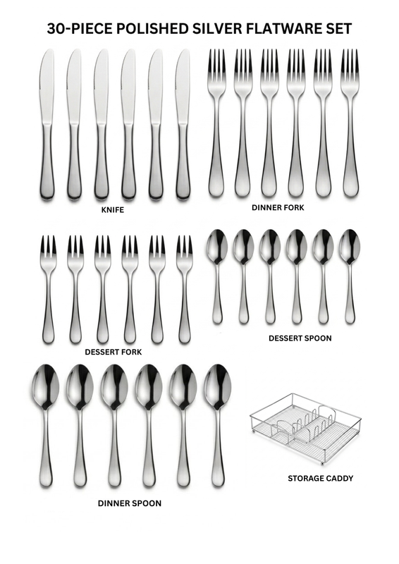 Sole Cook 30-Piece Polished Stainless Steel Cutlery Set with Chrome Wire Storage Caddy – 6 Person Flatware Set (6x Knives 22cm, 6x Dinner Forks 20.5cm, 6x Dinner Spoons 20cm, 6x Dessert/Tea Forks 14cm, 6x Dessert/Tea Spoons 14cm)