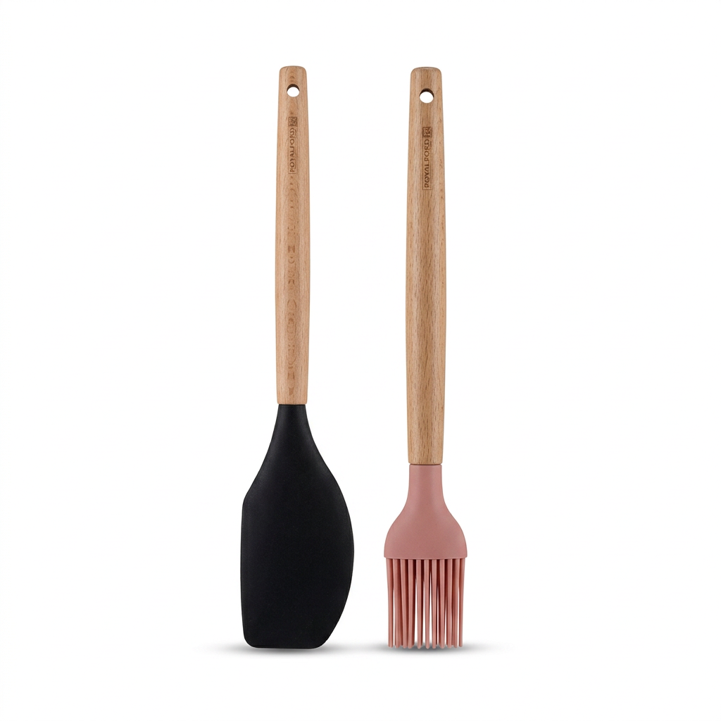 Royalford 2-Piece Silicone Kitchen Tool Set with Wooden Handles - 30cm / 27cm