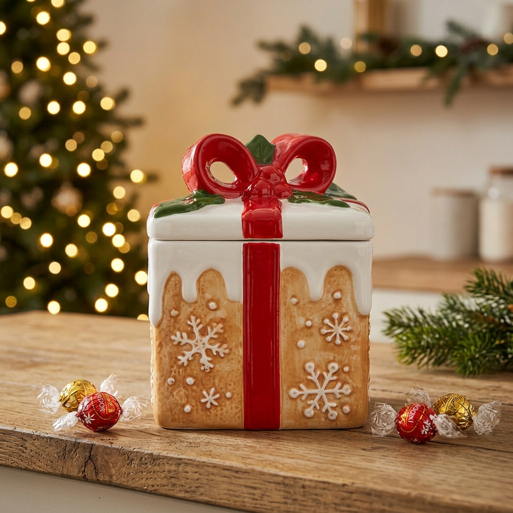 Ceramic Christmas Candy Jar with Bow Lid - 13×13cm