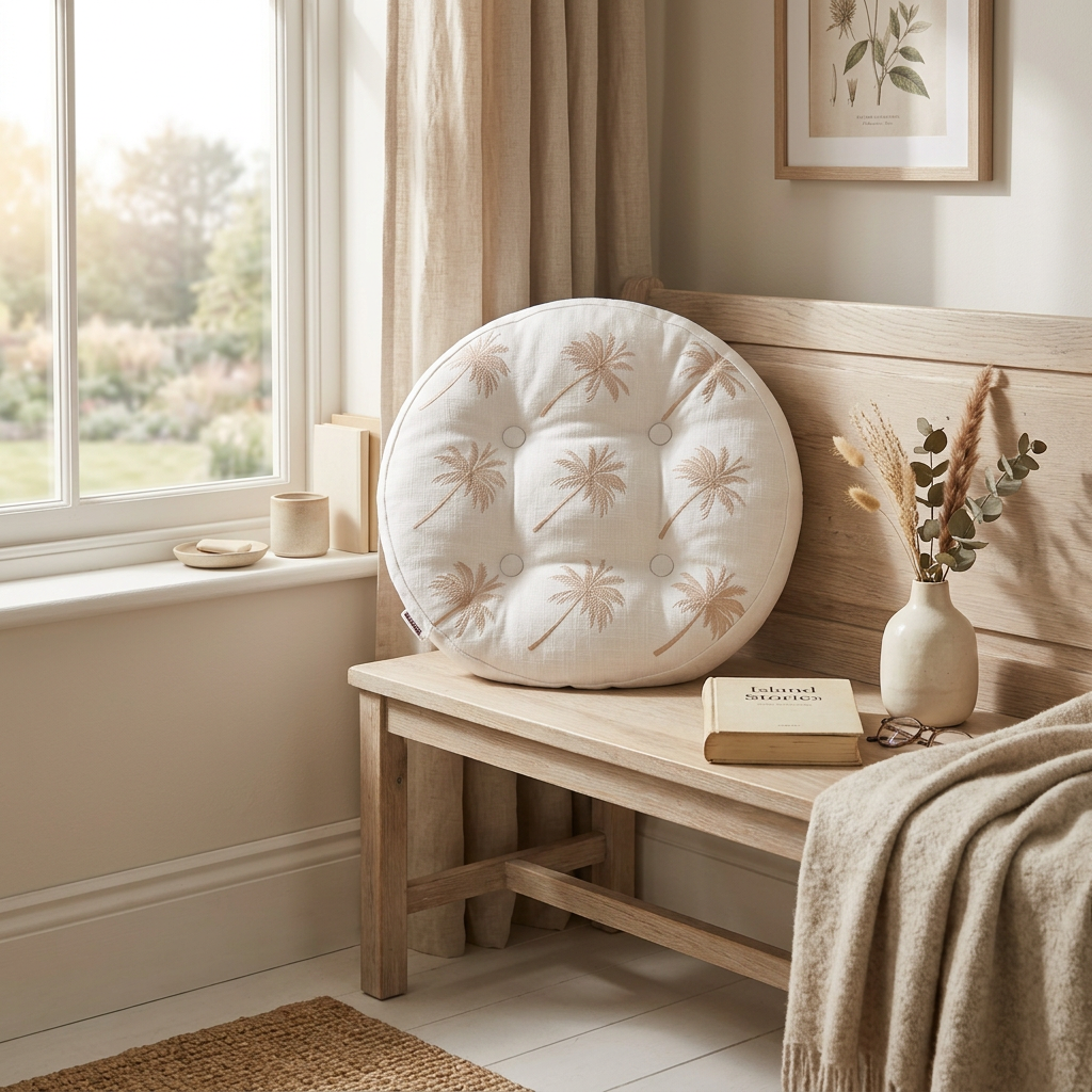 Round Tufted Cushion with Palm Tree Design White & Beige - 40cm