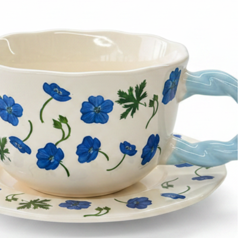 Ceramic Cup and Saucer Set with Blue Floral Design - 300ml