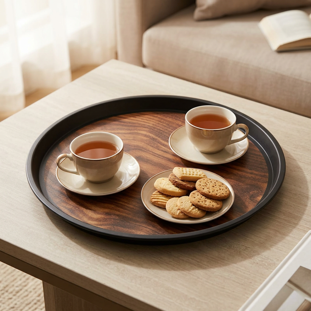 Yuniverse Round Plastic Non-Slip Serving Tray with Wood-Grain Design - 40cm