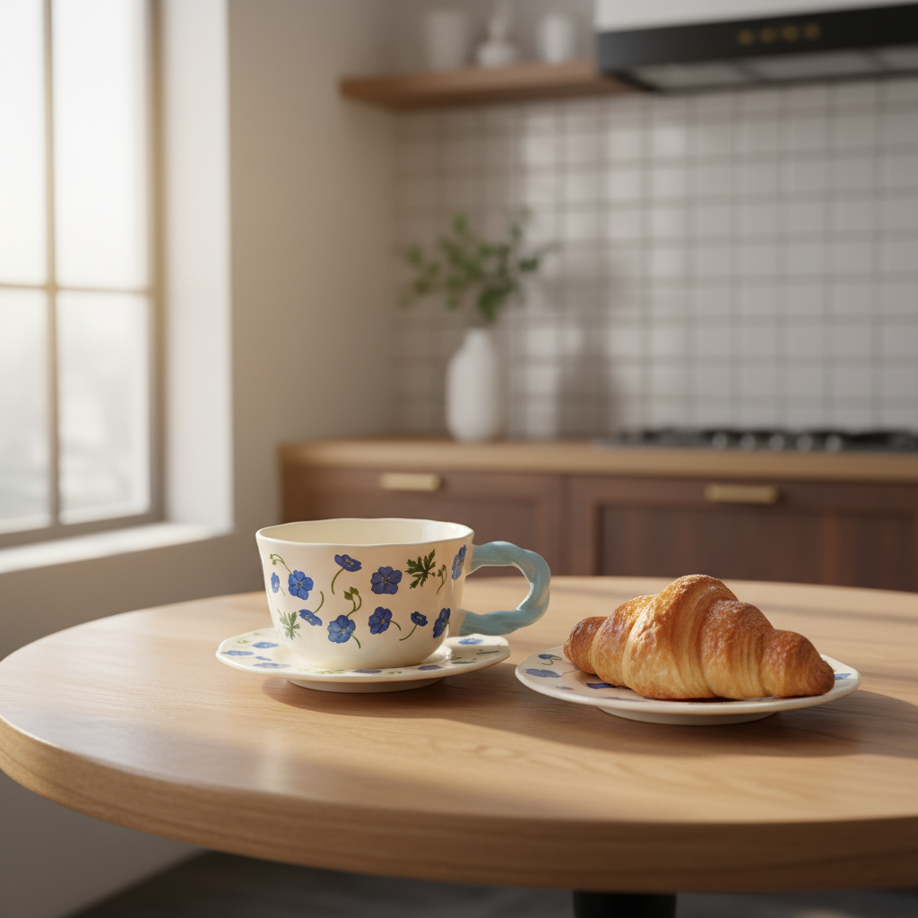 Ceramic Cup and Saucer Set with Blue Floral Design - 300ml