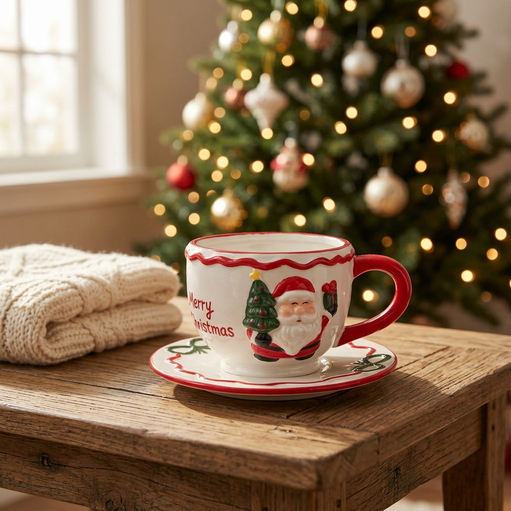 Ceramic Christmas Cup and Saucer Set - 300ml