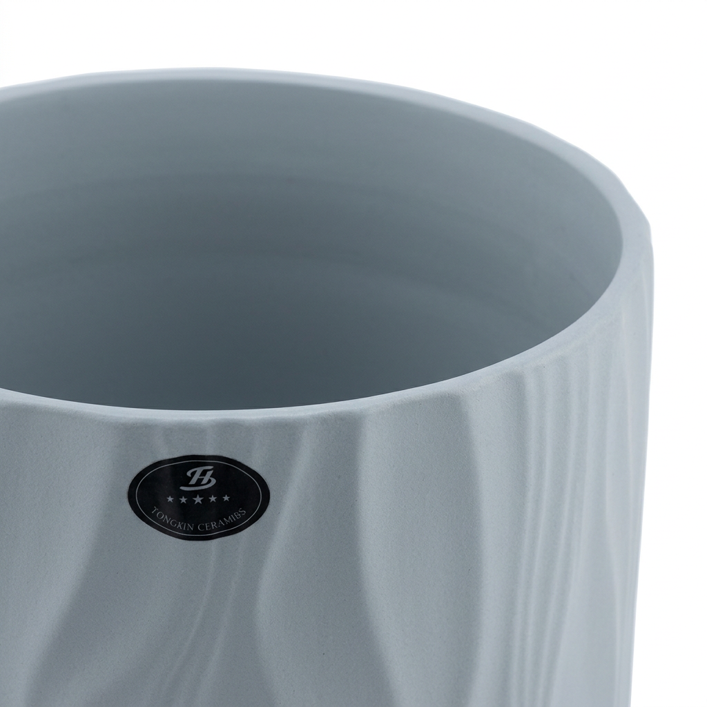 Ceramic Flower Vase with Textured Design Light Grey – 16×14cm