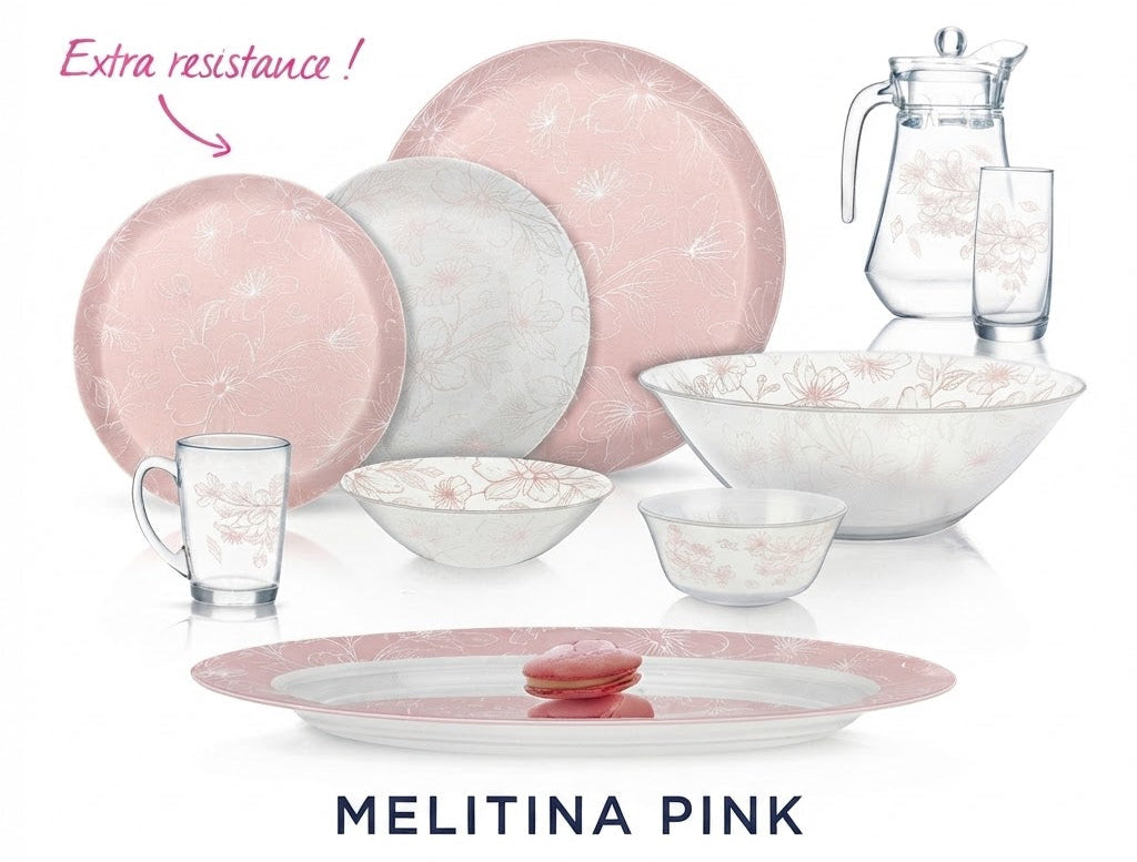 Luminarc Melitina Pink 46-Piece Dinnerware Set - Extra Resistance Glass - Complete Table Service for 6