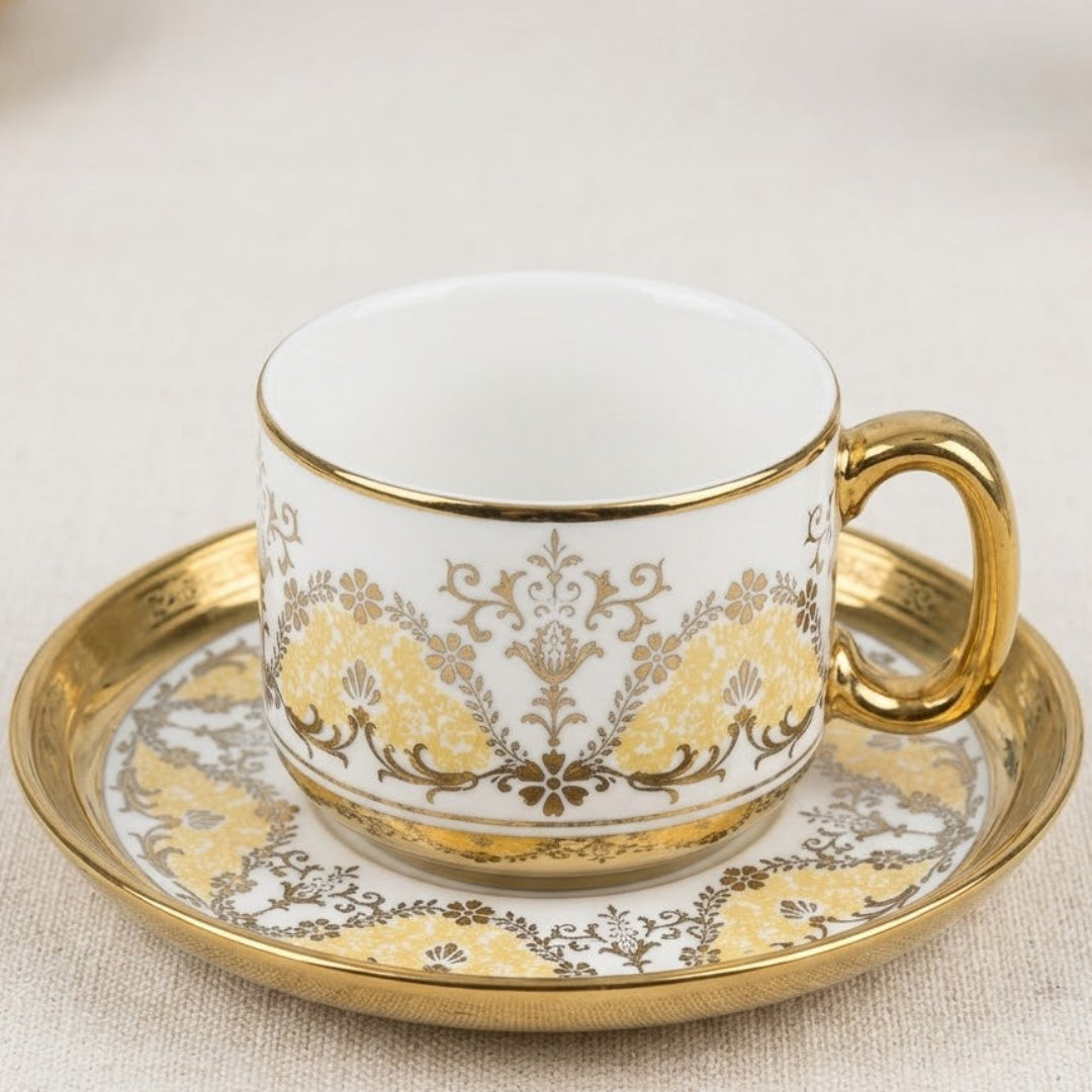 12PCS Luxury Ceramic Cup & Saucer Set – 6 Cups & 6 Saucers | Gold Floral Design