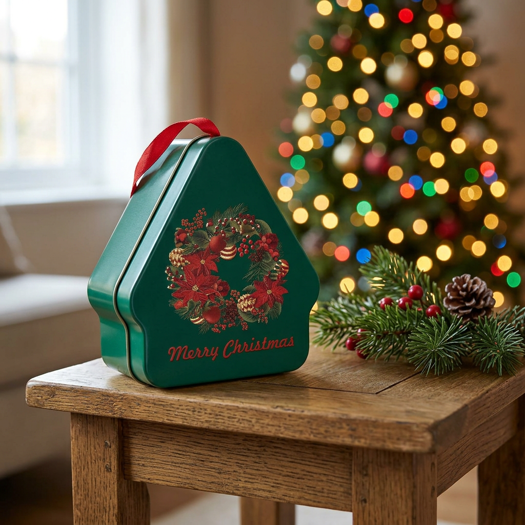 Metal Christmas Candy Box with Ribbon Dark Green - 10×8cm