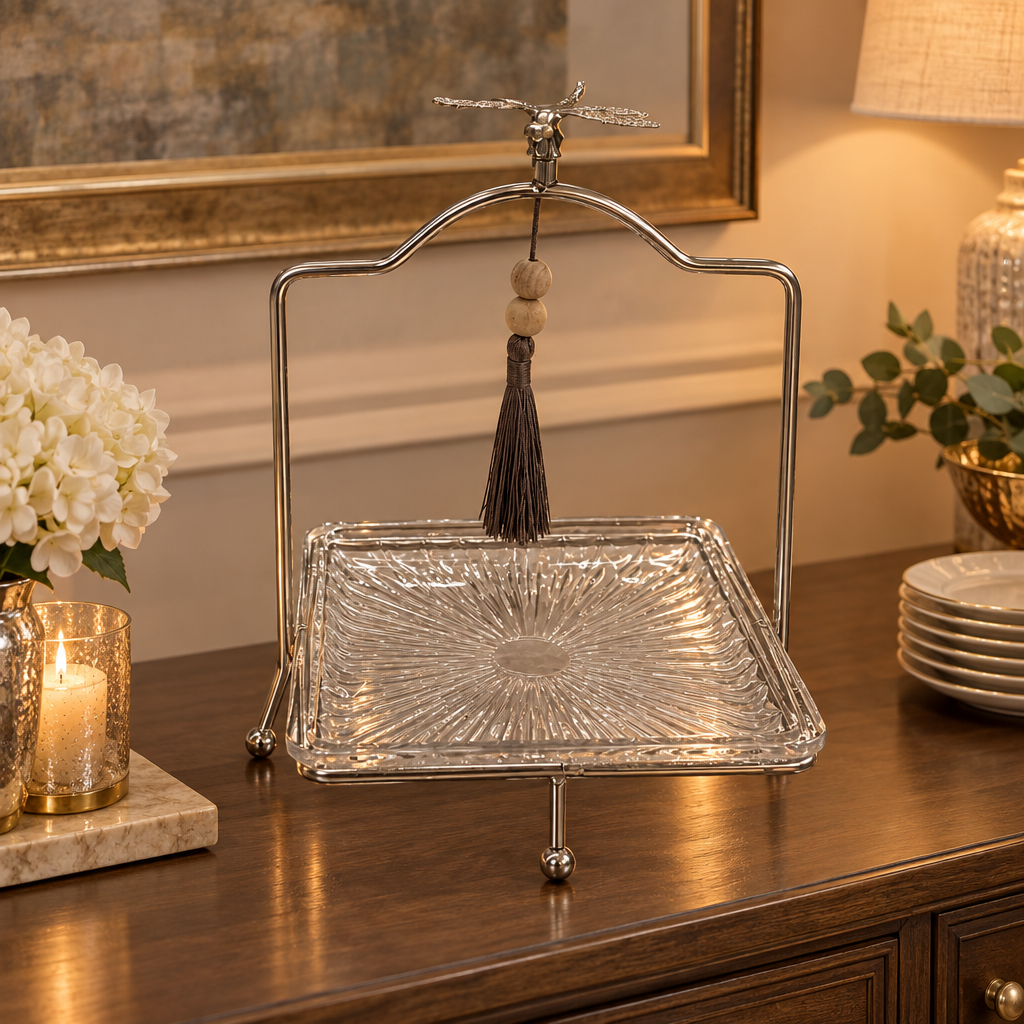 Glass Tray with Silver-Tone Metal Stand - 18×23cm