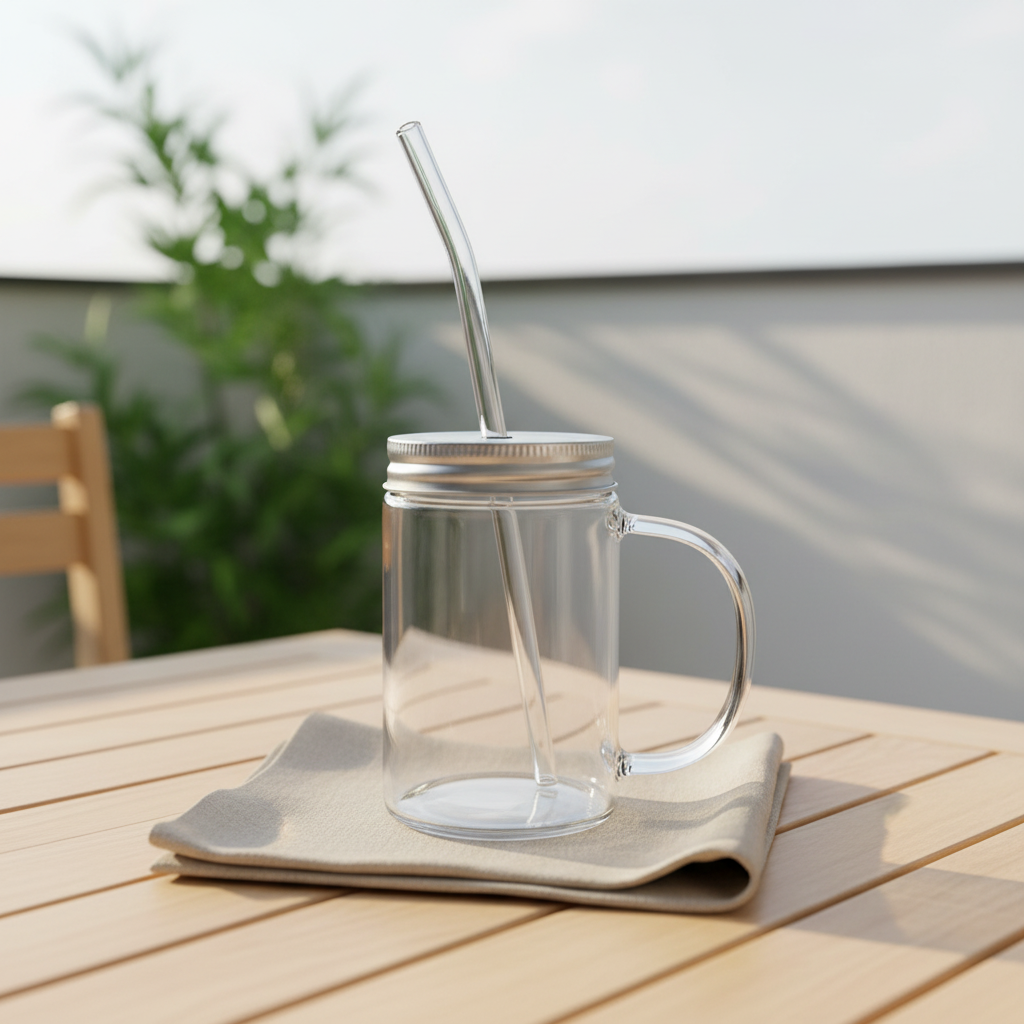 Iman Clear Juice Glass with Straw and Silver Lid - 350 ml