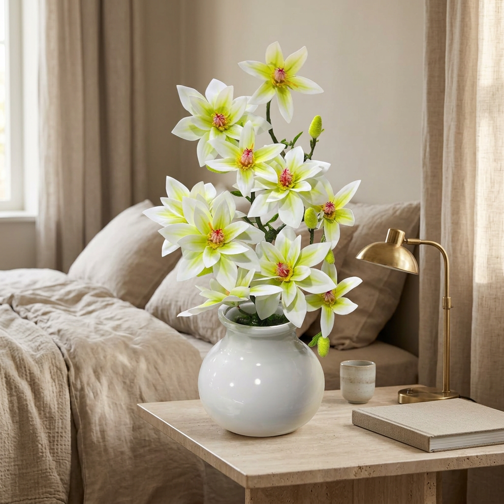 Artificial Orchid Plant in Ceramic Vase White & Lime Green - 40cm