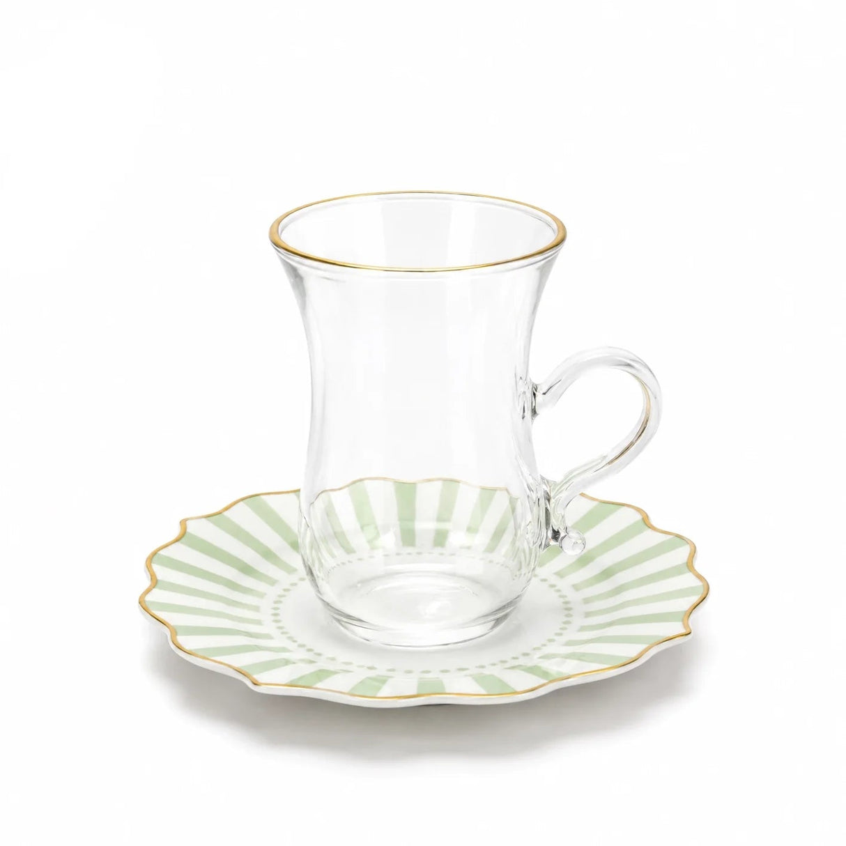 ABL GP-120 Sketan Tea Cup & Saucer Set – 12 Pieces – Clear Glass Cups with Gold Rim & Green Stripe Porcelain Saucers - Al Kabayel Discount CentreABL GP-120 Sketan Tea Cup & Saucer Set – 12 Pieces – Clear Glass Cups with Gold Rim & Green Stripe Porcelain SaucersTea SetsABLAl Kabayel Discount Centre