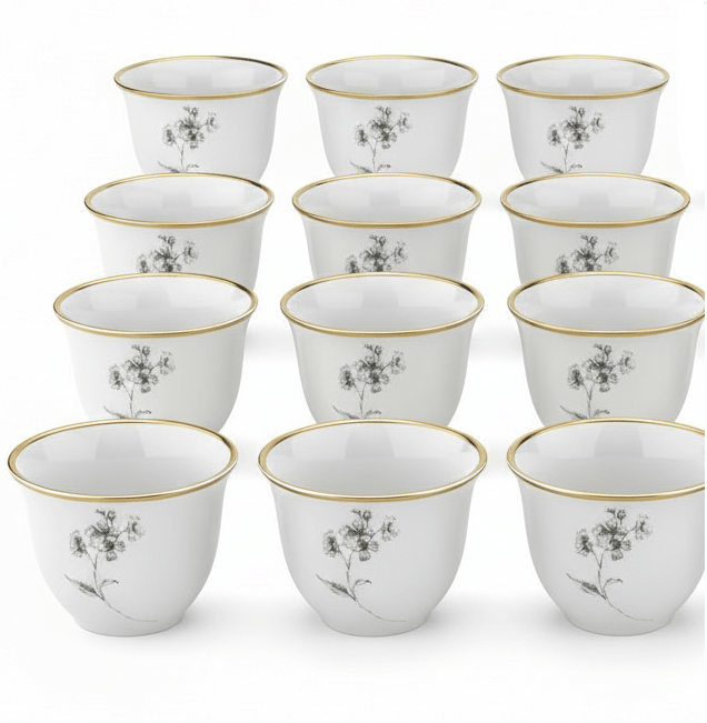 ABL White Ceramic Arabic Cawa Coffee Cups Set of 12 Gold Rim Floral Pattern Elegant Gahwa Cups 80 ml - Al Kabayel Discount CentreABL White Ceramic Arabic Cawa Coffee Cups Set of 12 Gold Rim Floral Pattern Elegant Gahwa Cups 80 mlTea CupsABLAl Kabayel Discount Centre