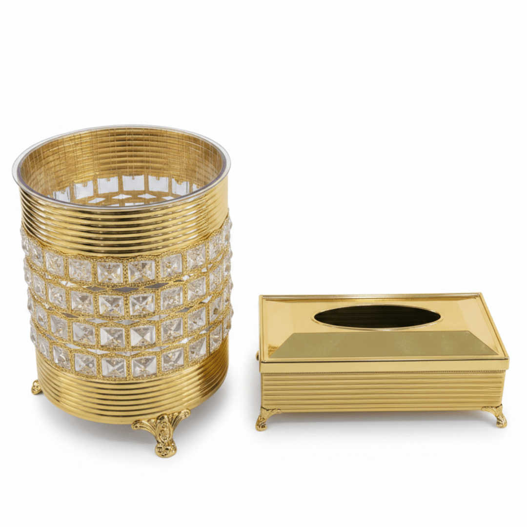 Acrylic Dustbin Set with Gold Metal Base and Tissue Box Holder – Decorative and Functional – 28 × 22 cm & 26 × 13 cm - Al Kabayel Discount CentreAcrylic Dustbin Set with Gold Metal Base and Tissue Box Holder – Decorative and Functional – 28 × 22 cm & 26 × 13 cmOrganizers & AccessoriesAKDCAl Kabayel Discount Centre