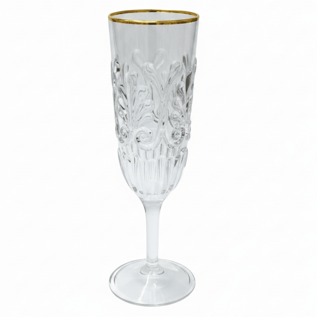 Acrylic Footed Stem Champagne Flute with Gold Rim | Baroque Embossed | 250ml - Al Kabayel Discount CentreAcrylic Footed Stem Champagne Flute with Gold Rim | Baroque Embossed | 250mlTumblersAKDCAl Kabayel Discount Centre