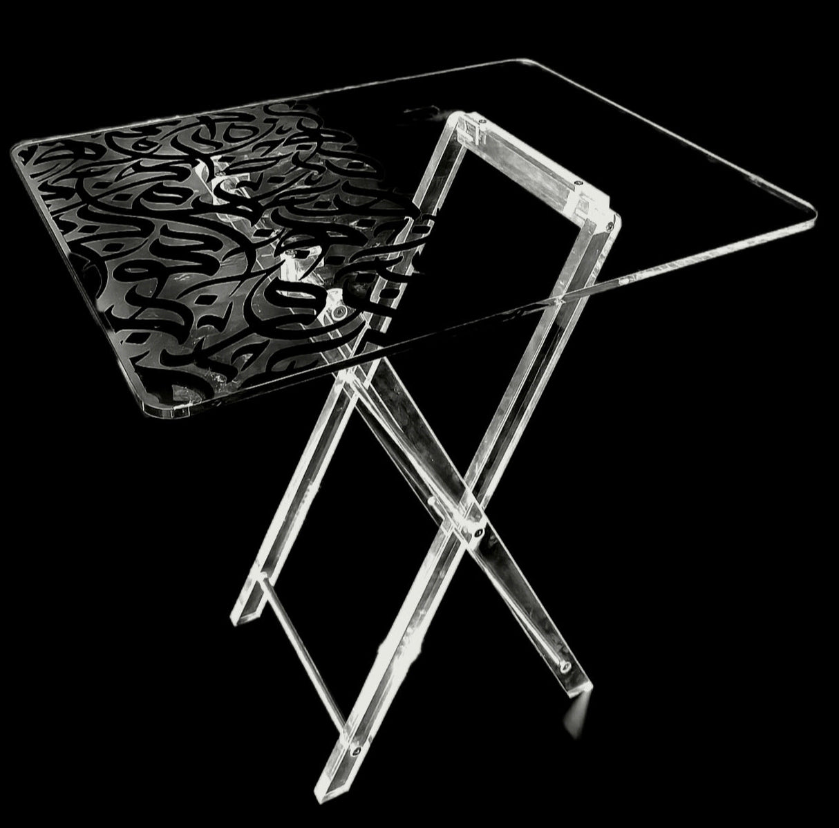 Acrylic Serving Coffee Table Set Of 4 With Stand 40Cmx50Cm and 50cm Height With Black Calligraphy design - Al Kabayel Discount CentreAcrylic Serving Coffee Table Set Of 4 With Stand 40Cmx50Cm and 50cm Height With Black Calligraphy designServing TraysAKDCAl Kabayel Discount Centre