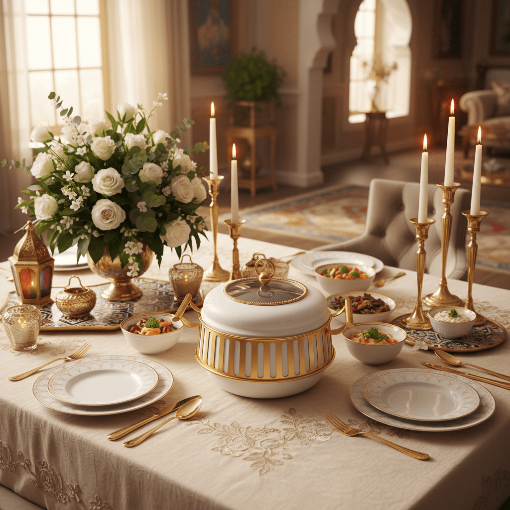 AFCO 2.2 Liter Round Chafing Dish – Elegant White & Gold Buffet Serving Dish with Heat - Resistant Glass Insert and Sturdy Outer Frame - Al Kabayel Discount CentreAFCO 2.2 Liter Round Chafing Dish – Elegant White & Gold Buffet Serving Dish with Heat - Resistant Glass Insert and Sturdy Outer FrameWarmersAFCOAl Kabayel Discount Centre