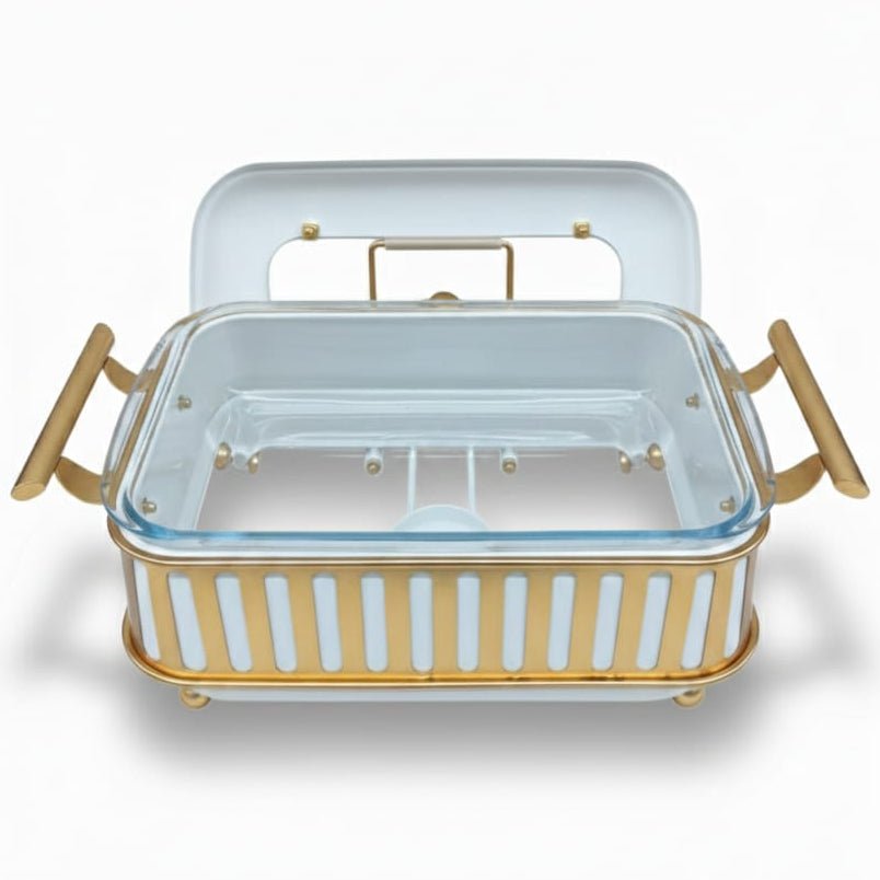 AFCO 3 Liter Rectangular Chafing Dish – Large Capacity White & Gold Buffet Server with Strong Outer Body and Removable Inner Glass Food Container - Al Kabayel Discount CentreAFCO 3 Liter Rectangular Chafing Dish – Large Capacity White & Gold Buffet Server with Strong Outer Body and Removable Inner Glass Food ContainerWarmersAFCOAl Kabayel Discount Centre
