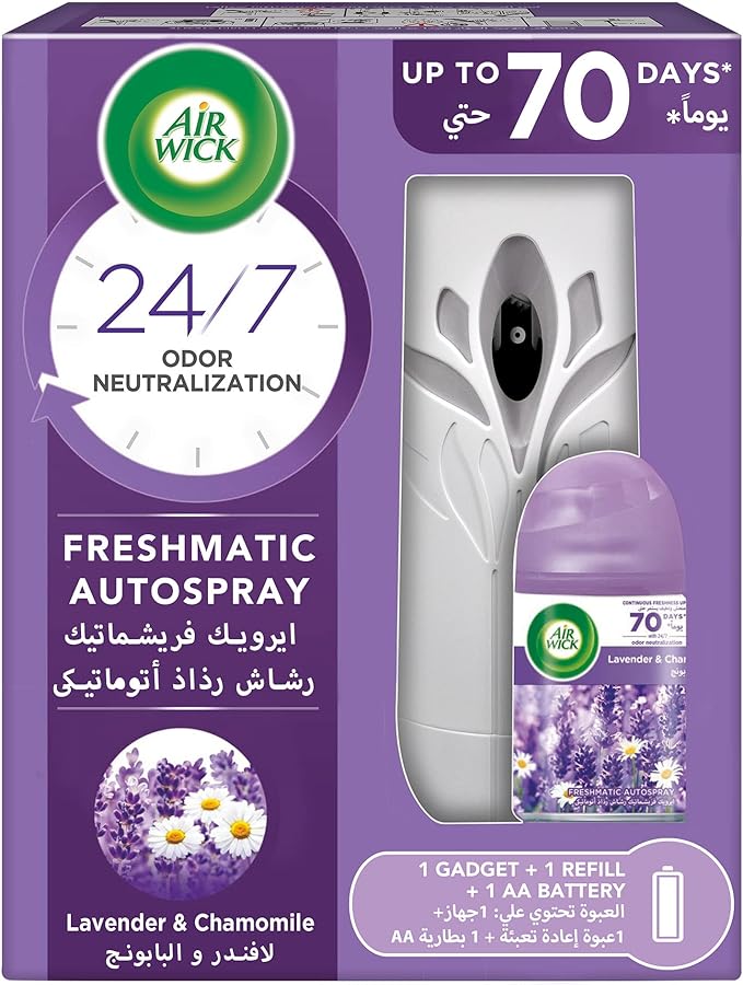 Air Wick Air Freshener Freshmatic Auto Spray Lavender & Chamomile Gadget and 1 Refill, Eliminates Bad Odour like Cat Litter Smell, 250 ml - Al Kabayel Discount CenterAir Wick Air Freshener Freshmatic Auto Spray Lavender & Chamomile Gadget and 1 Refill, Eliminates Bad Odour like Cat Litter Smell, 250 mlHome FragrancesAIR WICKAl Kabayel Discount Center