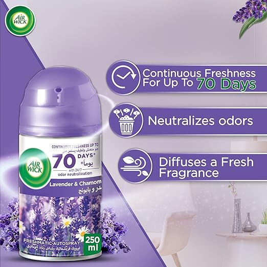 Air Wick Air Freshener Freshmatic Auto Spray Lavender & Chamomile Gadget and Refill, Eliminates Bad Odour like Cat Litter Smell, 250 ml (Pack of 2) - Al Kabayel Discount CenterAir Wick Air Freshener Freshmatic Auto Spray Lavender & Chamomile Gadget and Refill, Eliminates Bad Odour like Cat Litter Smell, 250 ml (Pack of 2)Home FragrancesAIR WICKAl Kabayel Discount Center