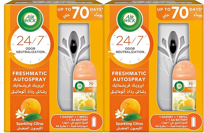 Air Wick Air Freshener Freshmatic Auto Spray Sparkling Citrus Gadget and Refill, Eliminates Bad Odour like Cat Litter Smell, 250 ml (Pack of 2) - Al Kabayel Discount CenterAir Wick Air Freshener Freshmatic Auto Spray Sparkling Citrus Gadget and Refill, Eliminates Bad Odour like Cat Litter Smell, 250 ml (Pack of 2)Home FragrancesAIR WICKAl Kabayel Discount Center