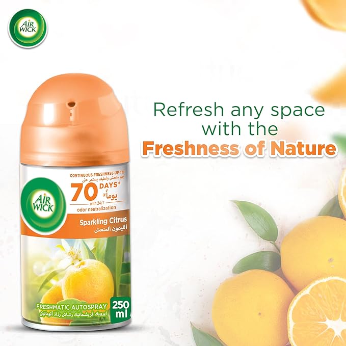 Air Wick Air Freshener Freshmatic Auto Spray Sparkling Citrus Gadget and Refill, Eliminates Bad Odour like Cat Litter Smell, 250 ml (Pack of 2) - Al Kabayel Discount CenterAir Wick Air Freshener Freshmatic Auto Spray Sparkling Citrus Gadget and Refill, Eliminates Bad Odour like Cat Litter Smell, 250 ml (Pack of 2)Home FragrancesAIR WICKAl Kabayel Discount Center