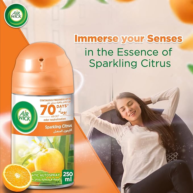 Air Wick Air Freshener Freshmatic Auto Spray Sparkling Citrus Gadget and Refill, Eliminates Bad Odour like Cat Litter Smell, 250 ml (Pack of 2) - Al Kabayel Discount CenterAir Wick Air Freshener Freshmatic Auto Spray Sparkling Citrus Gadget and Refill, Eliminates Bad Odour like Cat Litter Smell, 250 ml (Pack of 2)Home FragrancesAIR WICKAl Kabayel Discount Center