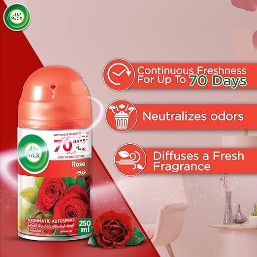Air Wick Freshmatic Autospray Refill, Rose Fragrance, Eliminates Bad Odour like Cat Litter Smell, 250 ml (Pack of 3) - Al Kabayel Discount CentreAir Wick Freshmatic Autospray Refill, Rose Fragrance, Eliminates Bad Odour like Cat Litter Smell, 250 ml (Pack of 3)Home FragrancesAIR WICKAl Kabayel Discount Centre