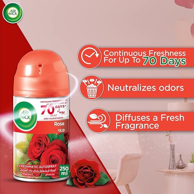Air Wick Freshmatic Autospray Refill, Rose Fragrance, Eliminates Bad Odour Smell, 250 ml (Pack of 2) - Al Kabayel Discount CentreAir Wick Freshmatic Autospray Refill, Rose Fragrance, Eliminates Bad Odour Smell, 250 ml (Pack of 2)Home FragrancesAIR WICKAl Kabayel Discount Centre