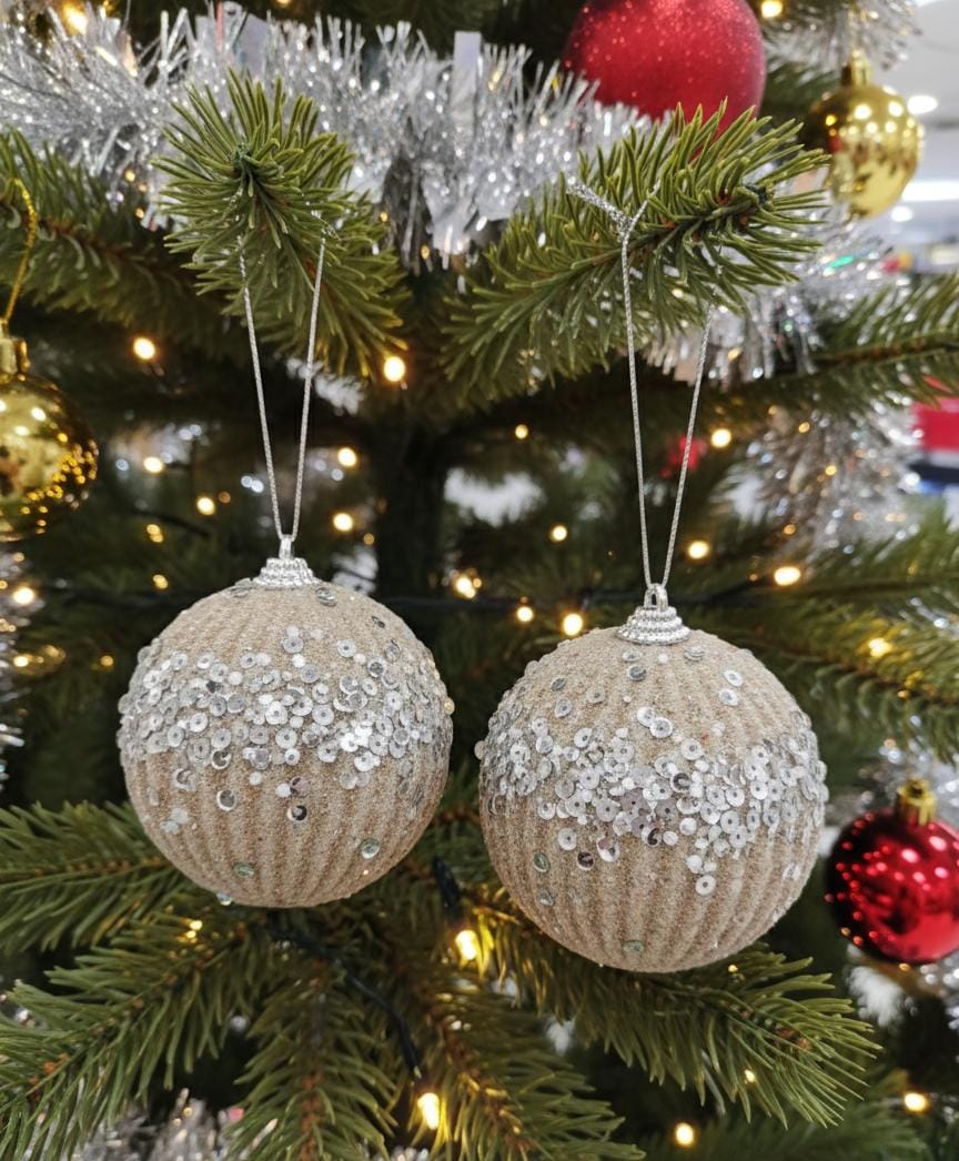 AKDC 2 - Piece 10 cm Gold Christmas Hanging Ball Décor – Silver Sequin Glitter Design for Tree Decoration - Al Kabayel Discount CentreAKDC 2 - Piece 10 cm Gold Christmas Hanging Ball Décor – Silver Sequin Glitter Design for Tree DecorationHome Décor AccentsAKDCAl Kabayel Discount Centre