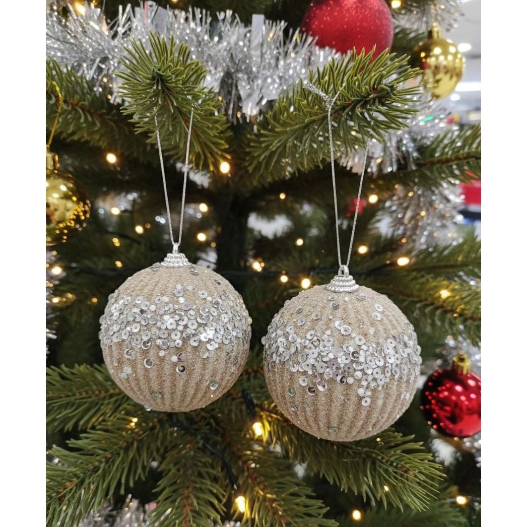 AKDC 2 - Piece 10 cm Gold Christmas Hanging Ball Décor – Silver Sequin Glitter Design for Tree Decoration - Al Kabayel Discount CentreAKDC 2 - Piece 10 cm Gold Christmas Hanging Ball Décor – Silver Sequin Glitter Design for Tree DecorationHome Décor AccentsAKDCAl Kabayel Discount Centre