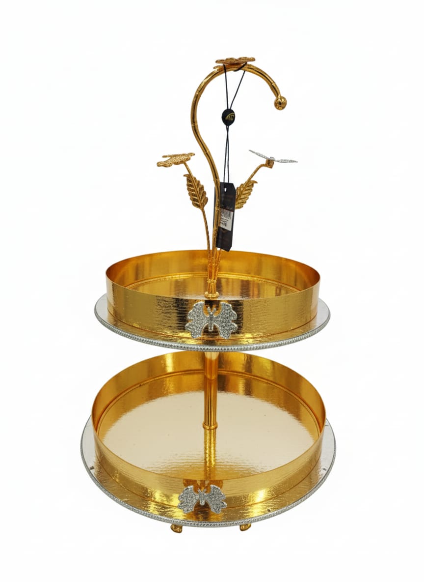 AKDC 2 - Tier Gold Oval Serving Tray with Leaf Pattern – Elegant Dessert and Snack Stand for Home, Wedding, or Buffet Decoration 45x34 cm - Al Kabayel Discount CentreAKDC 2 - Tier Gold Oval Serving Tray with Leaf Pattern – Elegant Dessert and Snack Stand for Home, Wedding, or Buffet Decoration 45x34 cmServeware SetsAKDCAl Kabayel Discount Centre