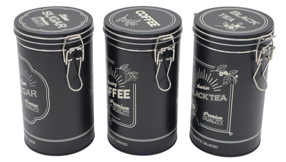 AKDC 3 - Piece Black Metal Canister Set for Sugar, Coffee, and Tea – Stylish Matching Kitchen Organizers, 17×9.5 cm Each - Al Kabayel Discount CentreAKDC 3 - Piece Black Metal Canister Set for Sugar, Coffee, and Tea – Stylish Matching Kitchen Organizers, 17×9.5 cm EachJars & Food SaversAKDCAl Kabayel Discount Centre