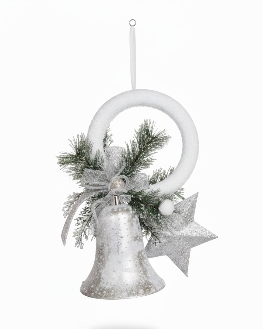 AKDC 34cm Hanging Christmas Décor | Silver Bell with Snowy Pine Branches for Wall or Door - Al Kabayel Discount CentreAKDC 34cm Hanging Christmas Décor | Silver Bell with Snowy Pine Branches for Wall or DoorHome Décor AccentsAKDCAl Kabayel Discount Centre