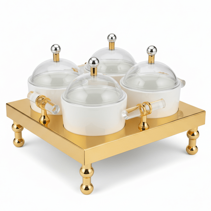 AKDC 4 - Piece Candy Pot Set with Gold Metal Stand 30×30 cm Luxury Serving Set for Dates & Chocolates - Al Kabayel Discount CentreAKDC 4 - Piece Candy Pot Set with Gold Metal Stand 30×30 cm Luxury Serving Set for Dates & ChocolatesServing TraysAKDCAl Kabayel Discount Centre