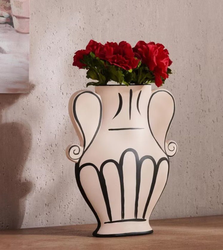 AKDC Abstract Twin Handle Decorative Clay Flower Vase 17.5cm*5cm*23cm, Beige and Black - Al Kabayel Discount CentreAKDC Abstract Twin Handle Decorative Clay Flower Vase 17.5cm*5cm*23cm, Beige and BlackFlower/Plant PotsAKDCAl Kabayel Discount Centre