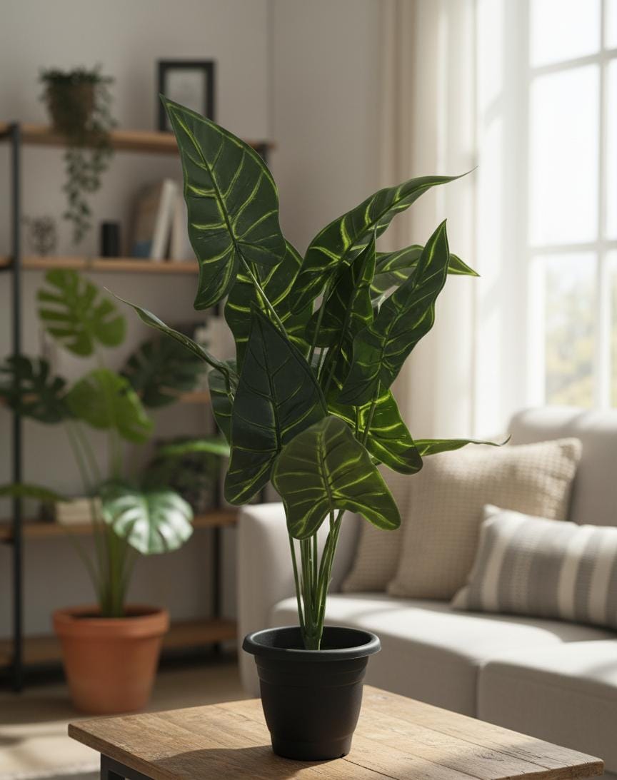 AKDC Artificial Alocasia Potted Plant - Realistic Plastic Leaves in a Sturdy Plastic Pot, No Watering Needed, 54 cm Height," - Features plastic leaves that authentically mimic the bold, arrow - shaped foliage of real alocasia. - Al Kabayel Discount CentreAKDC Artificial Alocasia Potted Plant - Realistic Plastic Leaves in a Sturdy Plastic Pot, No Watering Needed, 54 cm Height," - Features plastic leaves that authentically mimic the bold, arrow - shaped foliage of real alocasia.Artificial FloraAKD