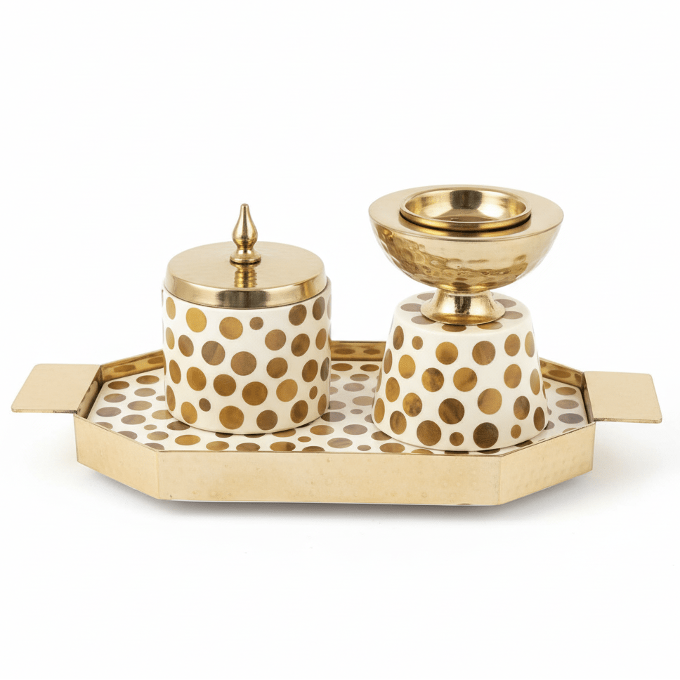 AKDC Artisan Elegance | Gold & Cream Polka Dot Incense Burner Set with Tray — Luxury Arabian Home Fragrance Collection - Al Kabayel Discount CentreAKDC Artisan Elegance | Gold & Cream Polka Dot Incense Burner Set with Tray — Luxury Arabian Home Fragrance CollectionWooden Incense BurnerAKDCAl Kabayel Discount Centre